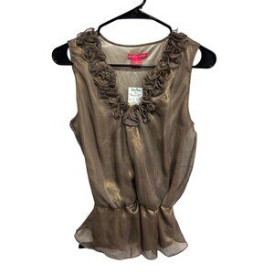 Sunny Leigh Ruffle Trim Peplum Hem Gold Sheer Sleeveless Top Size XS NWT